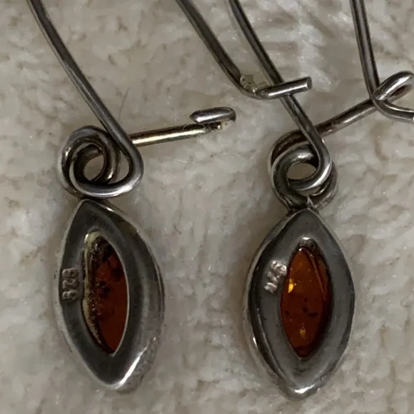Sterling Silver and Honey Brown Amber Earrings in a Minimalist Teardrop Design - Picture 2 of 4